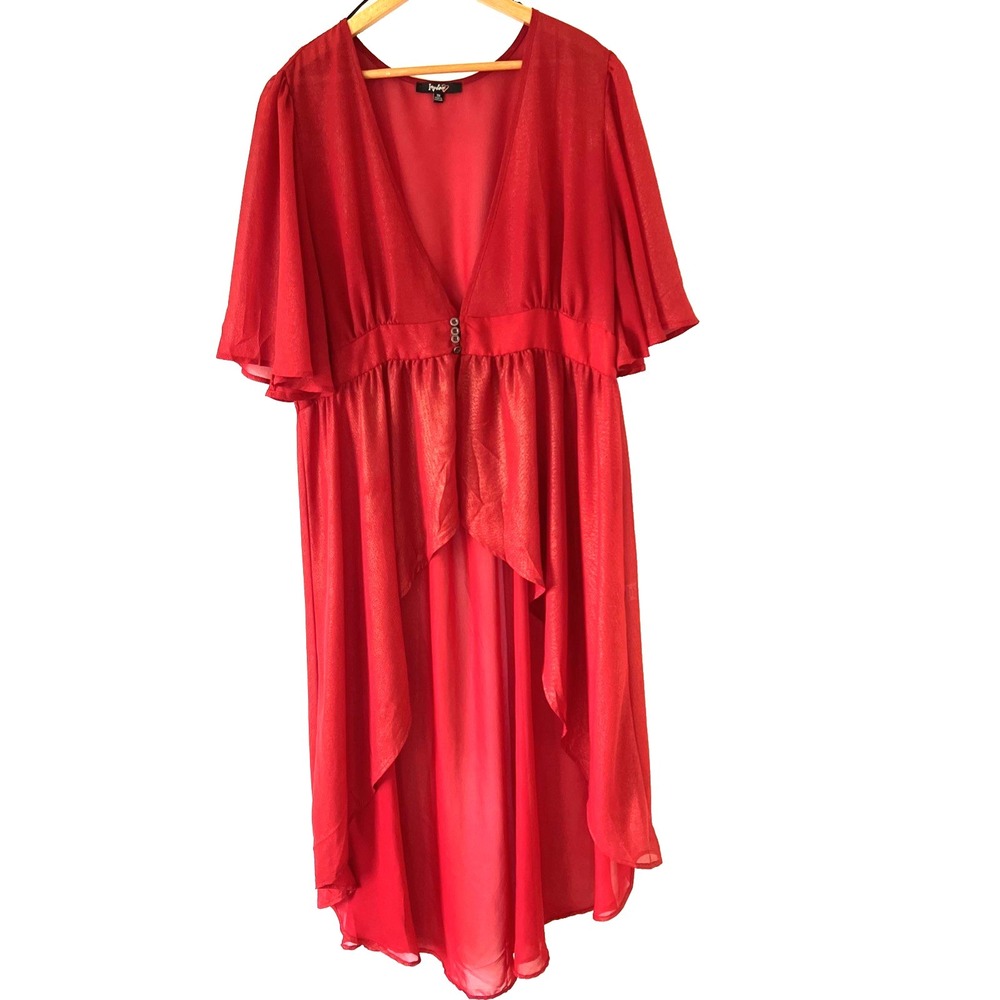 Impulsive Sheer Beach Cover Up Sz 3X Red Glam High Low Hem Flutter Sleeve Resort